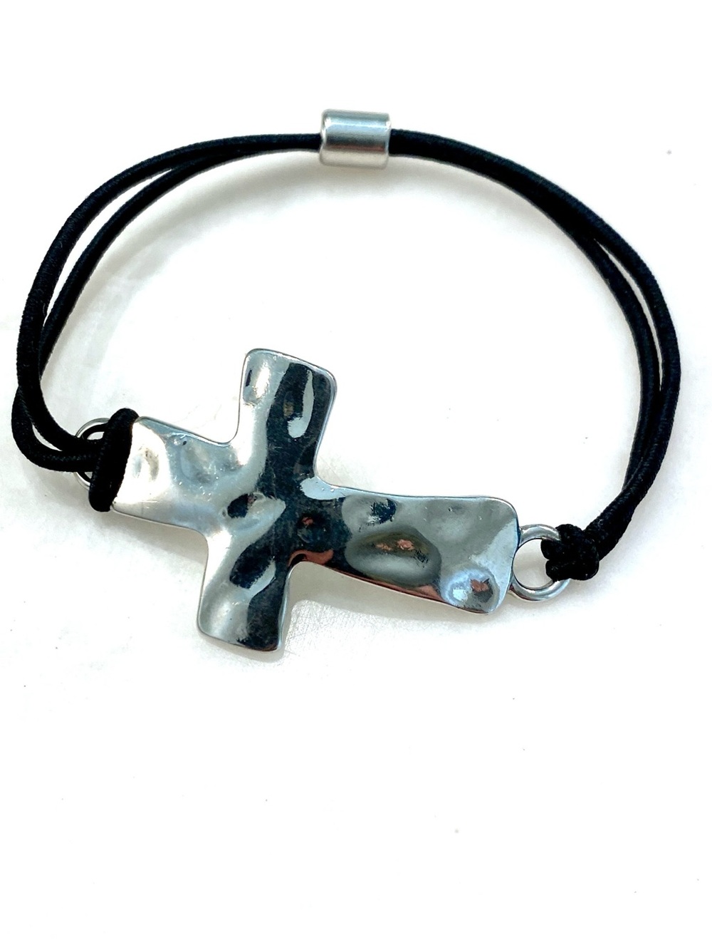 Silver Cross Cord Bracelet - Black Cord